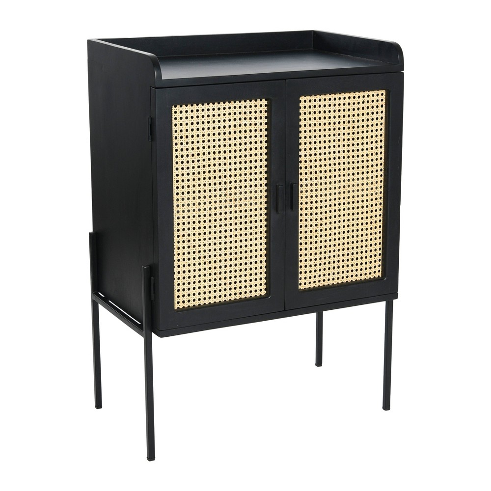 Storied Home Boho Solid Wood Bar Cabinet with Metal Legs and Woven Cane Doors Black/Natural: Elegant Storage, Mango Wood Surface