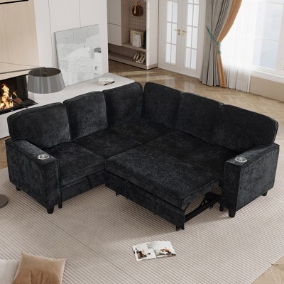 81" Chenille Convertible L-Shaped Sleeper Sectional Sofa with Pull-Out Bed, Storage Seat, USB & Type-C Charging Ports, Cup Holders