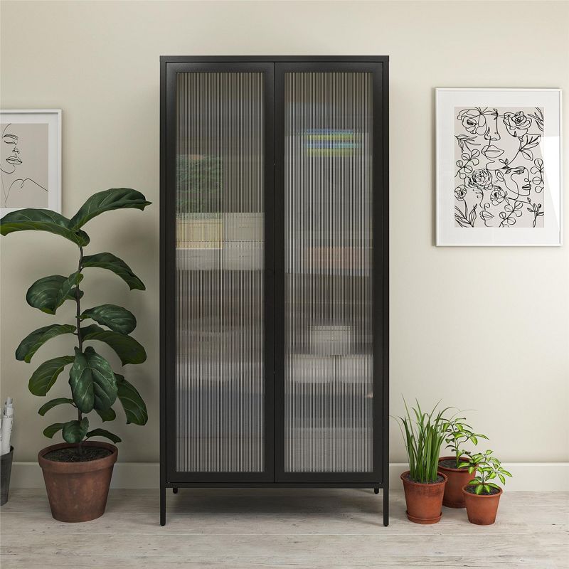 RealRooms Shadwick 2 Door Tall Metal Locker Style Storage Cabinet-Fluted Glass Doors, 2 of 5