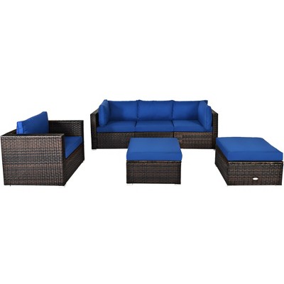 Tangkula 6PCS Patio Conversation Set Rattan Sectional Furniture Set w/ Navy Cushion