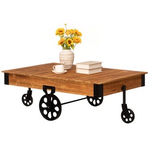 Vintiquewise Large Rustic Vintage Industrial Wooden Coffee Table with Detailed Wood Grain Metal Accents and Black Cast Iron Cart Wheels - 1 of 4