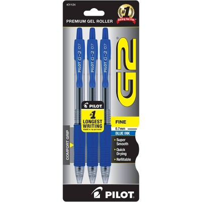 Pilot 3ct G2 Gel Pens Fine Point 0.7mm Blue Ink: Retractable, Rubber Grip, Stationery & Office Supplies