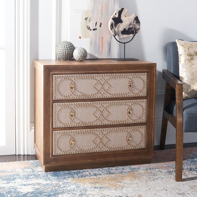 Rustic Oak and Beige Linen 3-Drawer Night Table