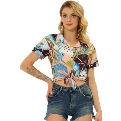 Allegra K Women's Hawaiian Button Down Floral Leaves Beach Short Sleeve Top