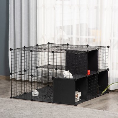 Black Metal Multi-Level Cat Playpen with Ramps and Storage