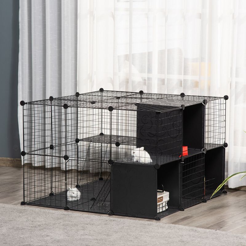 PawHut Pet Playpen Small Animal Cage 56 Panels with Doors, Ramps and Storage Shelf for Rabbit, Kitten, Chinchillas, Guinea Pig and Ferret, 2 of 8