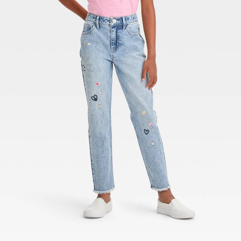Girls' High-Rise Embroidered Ankle Straight Jeans - Cat & Jack™ Blue, 1 of 8