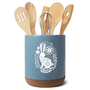 Elanze Designs 8 inch Floral Rabbit Leaf Dot Pattern Large Ceramic Kitchen Utensil Holder Sky Blue and White Crock with Cork Base - 1 of 4