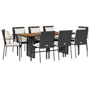 vidaXL 9 Piece Patio Dining Set - Black Poly Rattan with Cushions and Acacia Wood Table for Garden/Backyard Use - 1 of 4
