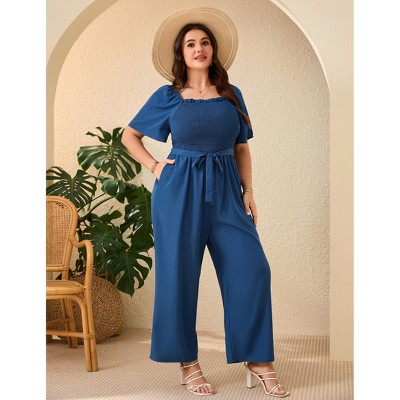 Plus Size Wide Leg Jumpsuit Women Summer Short Sleeve Smocked Waist Belt Side Pockets
