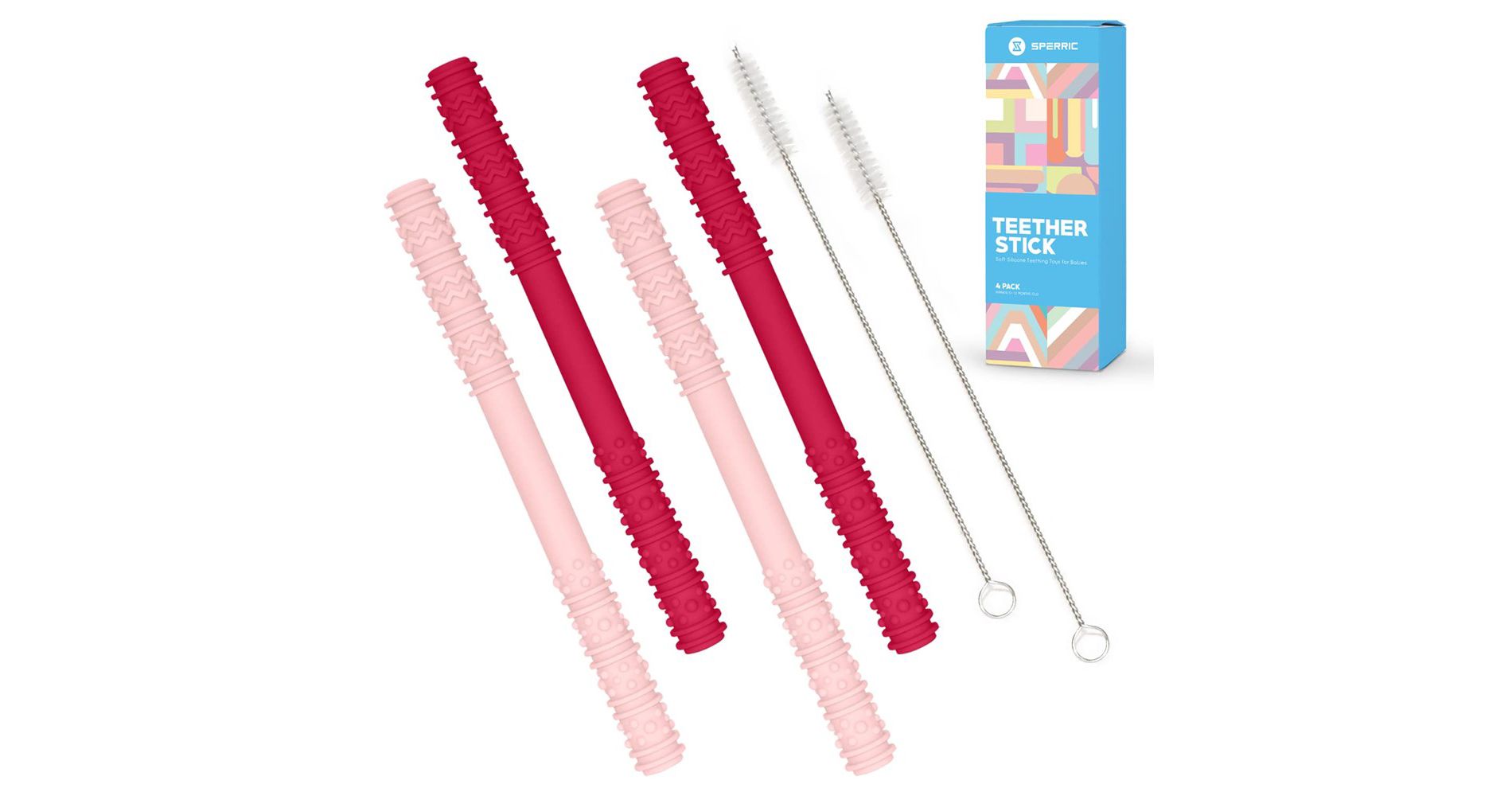 Sperric Baby Hollow Teething Tubes - Soft Silicone Teether Sticks for Infant | BPA Free Teething Straws with Cleaning Brushes (Pink)