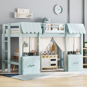 Twin/Full Loft Bed with Built-in Bookshelf, Cotton-Linen Curtain & Storage, Fairy Tale Cottage Loft Bed Frame - ModernLuxe - 1 of 4