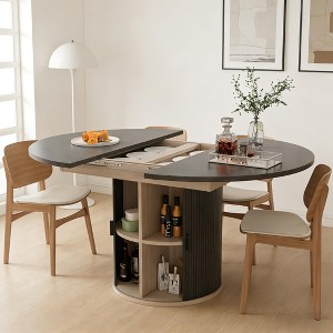 Vipbear 63'' Extendable Round Kitchen Dining Room Table with 2-Tier Storage Shelf, Wood Oval Circle Dinner Furniture with Pedestal Base, Walnut - 1 of 4