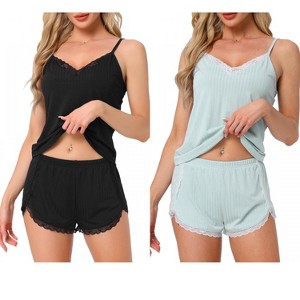 INSPIRE CHIC Women's 2 Pcs Ribbed Knit Lace-Trim V-Neck Cami Top with Shorts Sleeveless Pajama Sets - 1 of 4