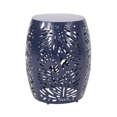 Navy Blue Powder-Coated Iron Outdoor Side Table with Tropical Palm Leaf Design