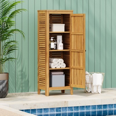 62" Outdoor Acacia Storage Cabinet with Slatted Doors and Adjustable Shelves,Tall Weather-Resistant Garden Organizer-The Pop Home
