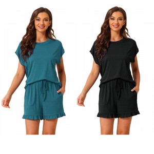 INSPIRE CHIC Women's 2 Pcs Summer Soft Short-Sleeve Tee with Ruffled Shorts Lounge Pajama Set - 1 of 4