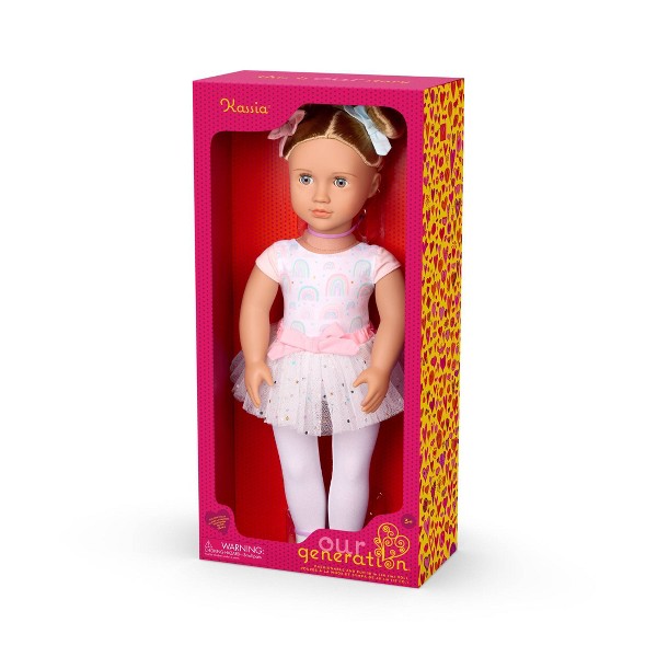 Muñeca bailarina Our Generation Kassia 18" con vestido de ballet arcoíris: cabello rubio lacio, ojos azules, sin articulación, tema deportivo 3