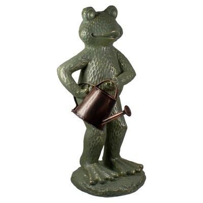 17" Gold Verdigris Frog with Watering Can Garden Statue