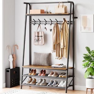 homfan 4-in-1 Coat Rack Shoe Bench with Storage Shelf - Industrial Hall Tree for Entryway, Rustic Brown & Black - 1 of 4