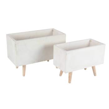 Set of 2 Rectangular Planters with Wooden Legs - Olivia & May: Indoor/Outdoor, Fiber Clay & Fiberglass, No Assembly Required