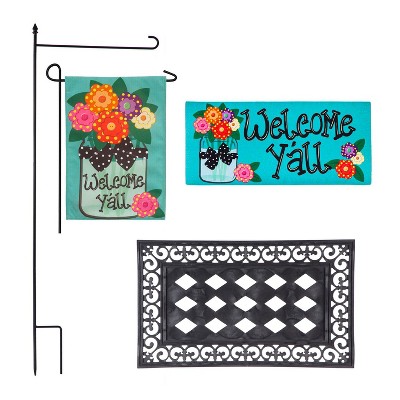 Evergreen Welcome Y'all Burlap Garden Flag and Sassafras Mat Set (14B4181ECM+22001T+431272+43BM003)