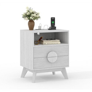 COZONY Modern Fluted Nightstand with Charging Station, Wood Bedside Table with Drawers & Storage Shelf for Living Room Bedroom - 1 of 4