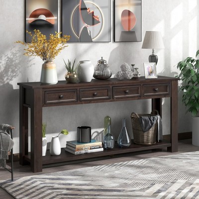 Console Tables, Narrow Sofa Table With 4 Drawers, Bottom Shelf, Solid Wood Frame And Legs Farmhouse Entryway Table Cabinet