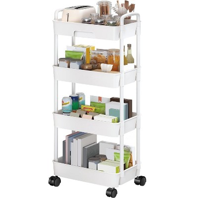 NewHome"4-Tier Rolling Utility Cart with Lockable Wheels, Rotatable Design & Storage Drawers for Home"Black White
