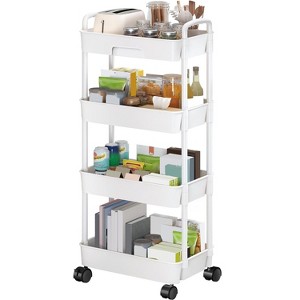 NewHome"4-Tier Rolling Utility Cart with Lockable Wheels, Rotatable Design & Storage Drawers for Home"Black White - 1 of 4