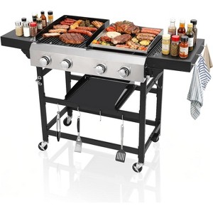 Zevemomo 4 Burner Gas Grill & Griddle Combo with Foldable Side Table, Wheels, Stainless Steel Burners & Hooks, 38,240 BTU for Patio Garden Barbecues - 1 of 4