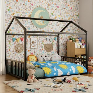 Polibi Montessori Metal House Floor Bed Frame with Vertical Guardrails - 1 of 4