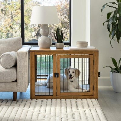 Medium Natural Acacia Wood and Metal Dog Crate Table