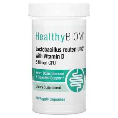 HealthyBiom Lactobacillus Reuteri LRC with Vitamin D, 5 Billion CFU, 90 Veggie Capsules