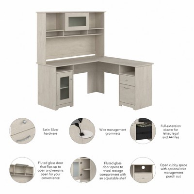 Linen White Oak L-Shaped Desk with Hutch and USB Hub