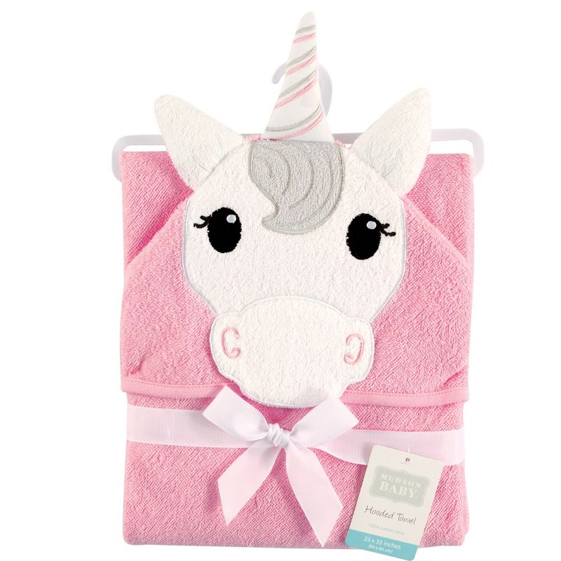 Hudson Baby Infant Girl Cotton Animal Hooded Towel, Unicorn, One Size, 3 of 4