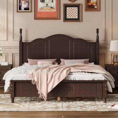 Retro Style Wood Platform Bed with Sturdy Frame and Natural Headboard ,No Box Spring Required, Easy Assembly-Maison Boucle