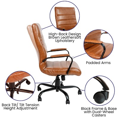 Elegant Brown LeatherSoft High-Back Executive Swivel Chair with Black Metal Frame