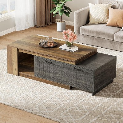 Tribesigns 47"-78" Extendable Farmhouse Coffee Table, 2-Drawer Rectangle Coffee Storage, Wood Convertible Center Table for Living Room