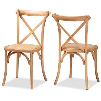 2pc Tartan Woven Rattan and Wood Dining Chair Set Brown - Baxton Studio