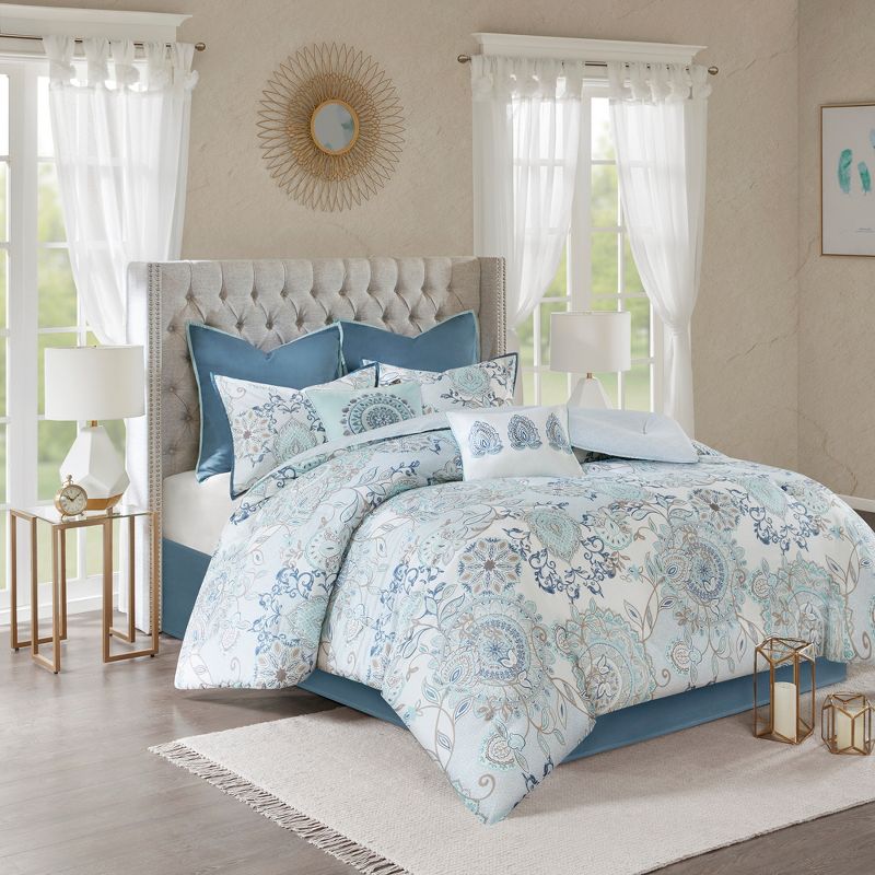 8pc Lian Cotton Printed Reversible Comforter Set Blue, 4 of 21