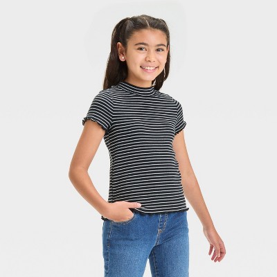 Image of Girls' Short Sleeve Rib Striped T-Shirt - Cat & Jack™ Black S