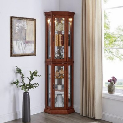 Syemin Decorative Storage Cabinets Corner Curio Display Cabinet, Accent Storage Cabinet, Bar Glass Storage Cabinets, Brown, 21.5"*16"*69.75"