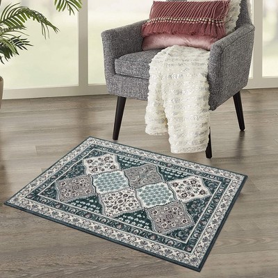 Vintage Tiled Area Rug Washable Persian Floral Rug Non-Slip Low Pile Rug, 2'x3' Blue Green