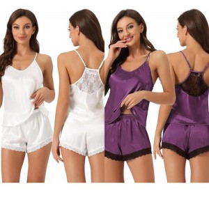 INSPIRE CHIC Women's 2 Pcs Satin Sleeveless Lace Trim Shorts Silky Short Pajama Sets - 1 of 4