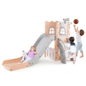 Costway 6 in 1 L-shaped Toddle Slide for Toddlers Age 1-3 Baby Slide with Basketball Hoop Gray + Pink/Gray + White/Yellow + Green - 1 of 4