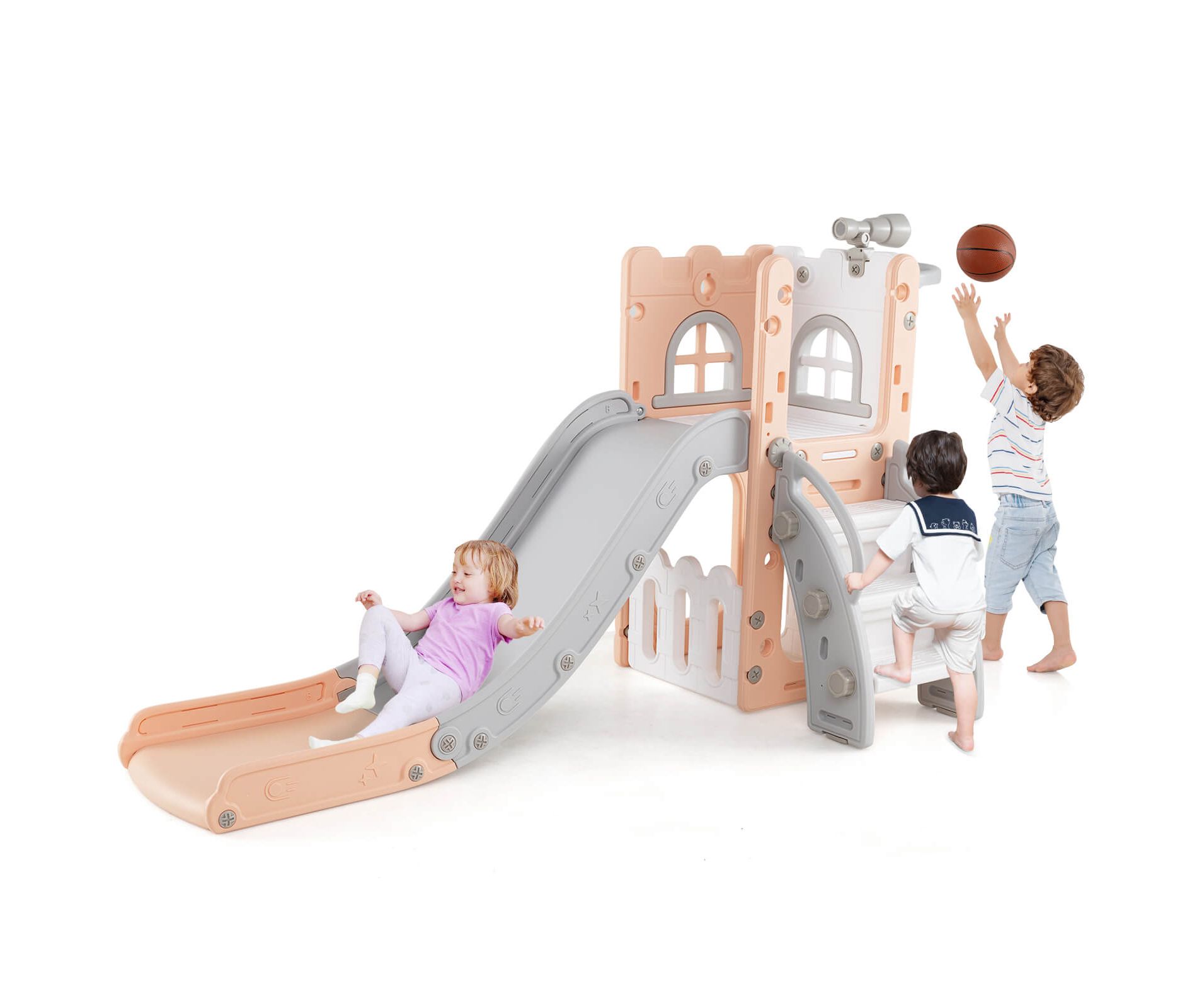 Costway 6 in 1 L-shaped Toddle Slide for Toddlers Age 1-3 Baby Slide with Basketball Hoop Gray + Pink