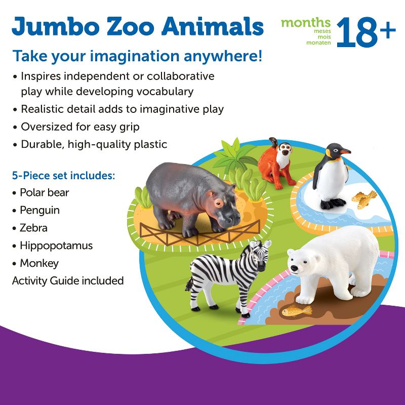 Learning Resources Jumbo Zoo Animals I Monkey, Penguin, Zebra, Polar Bear, and Hippo, 5 Animals, 5 of 6