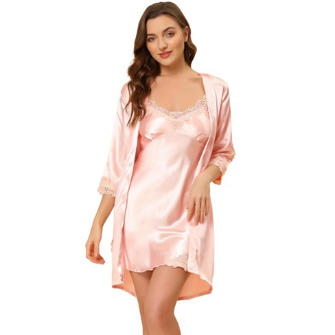Cheibear Womens Sleepwear Pjs 4pcs Satin Lingerie Silk Cami With Shorts Robe  Pajama Set Pink Medium : Target