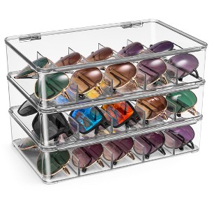 Sorbus 3 Pack Clear Stackable Plastic Sunglass Holder with Hinged Lid for Eyewear Display Includes 5 Sections - 1 of 4